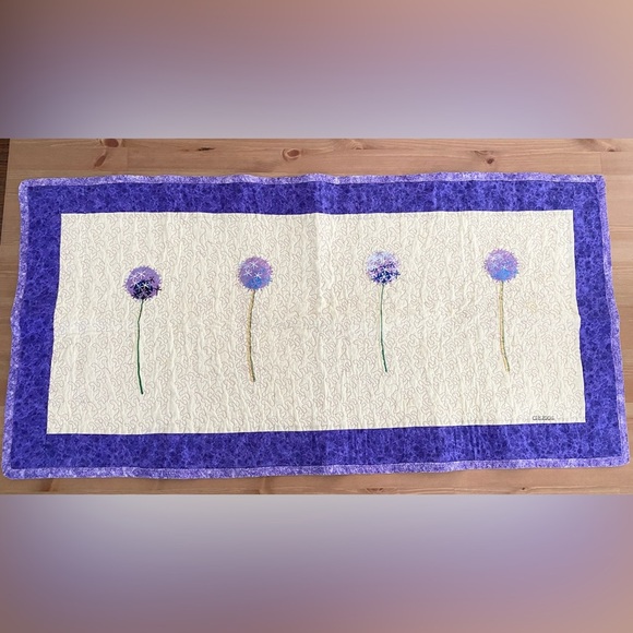 Hand Crafted Other - Quilted Handmade Table Runner Wildflower Pattern Beige Purple Green 41.5" X 21"